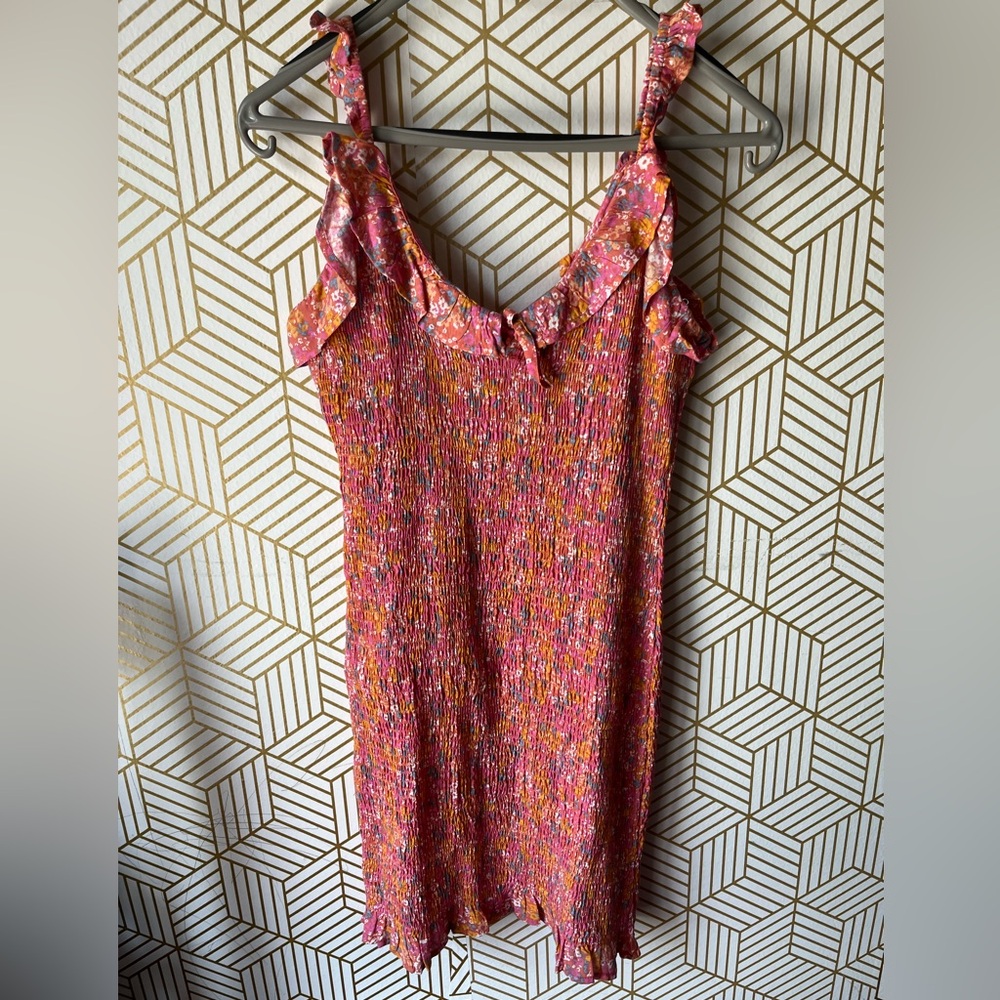 Japna Dress smocked pink and orange Floral dress 100% Rayon size M